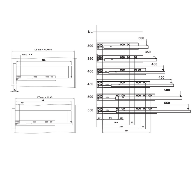 2 hidden 450mm guides for partial extraction drawer with soft closing and loads of 25kg per pair