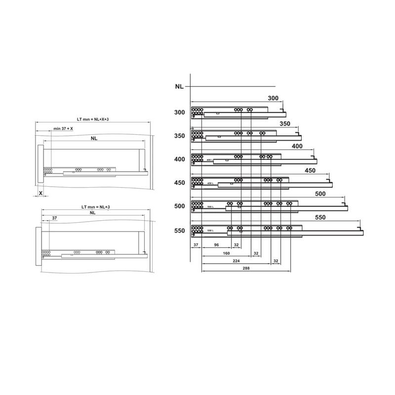 2 hidden 550mm drawer guides with soft closing clips fixation and loads of 25kg per pair