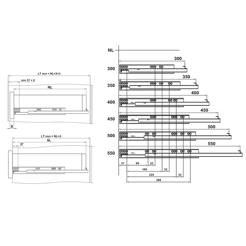 2 hidden 400mm guides with push system for total extraction and 4.5mm regulation