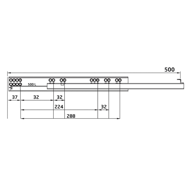 2 hidden 500mm guides with push system for total extraction and 4.5mm regulation