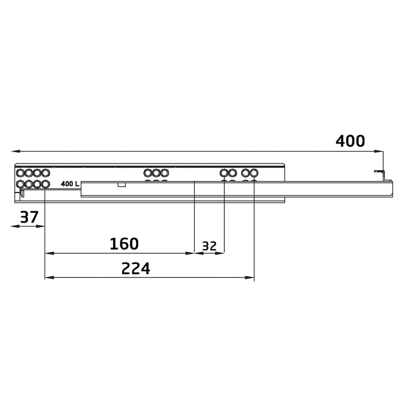 2 hidden 400mm guides with push system for total extraction and 4.5mm regulation