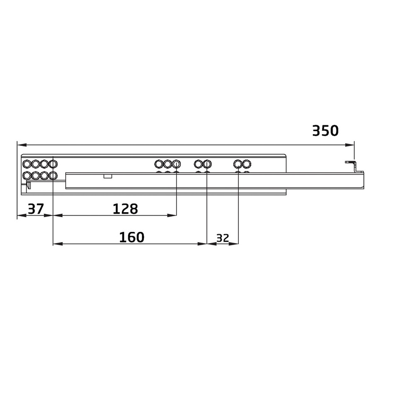 2 guías ocultas de 350mm con sistema push de extracción total y regulación de 4,5mm