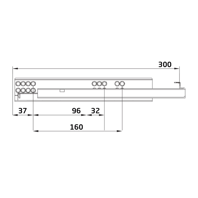 2 guías ocultas de 300mm con sistema push de extracción total y regulación de 4,5mm