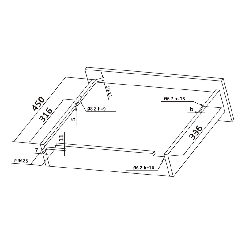 2 guias ocultas de 450mm para gaveta de extração parcial com fecho suave e cargas de 25kg por par