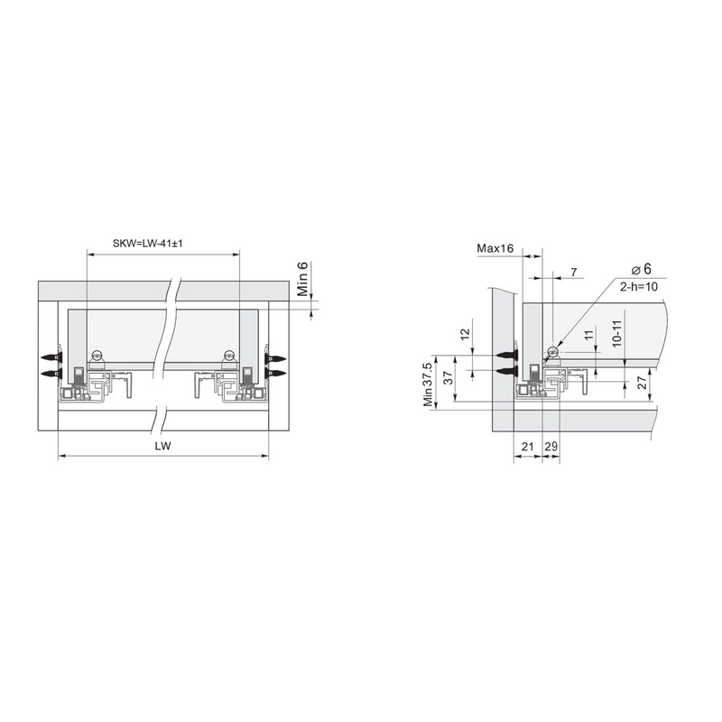 2 guias ocultas de 350mm com sistema push para extração total e regulagem de 4,5mm