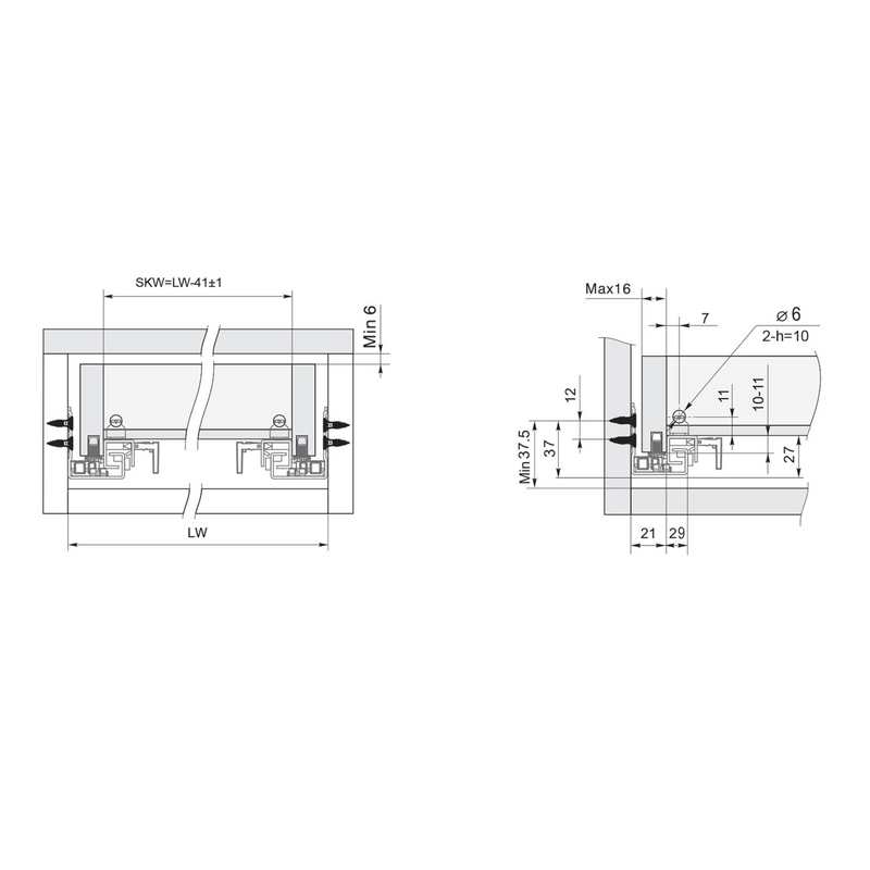 2 hidden 450mm drawer guides with soft closing clips fixation and loads of 25kg per pair