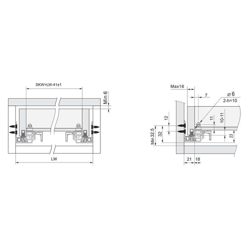 2 guías ocultas de 300mm para cajón con regulación 4.5mm de cierre suave y cargas de 25kg por cada par