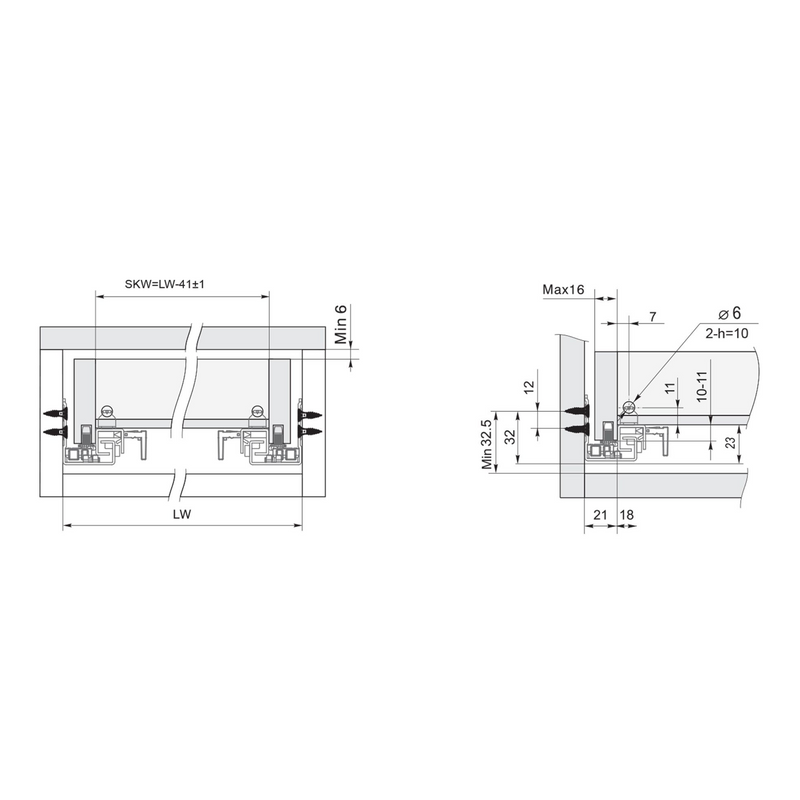 2 hidden guides of 500mm for partial extraction drawer with soft closing and loads of 25kg per pair