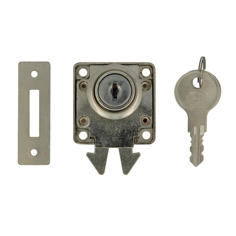 Cerradura de llaves iguales para mueble de 40x40 niquelado con lengüeta gancho para puertas correderas