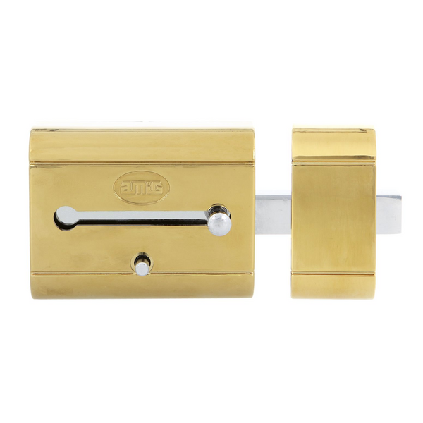 Cerrojo de alta seguridad de sobreponer acabado oro con pestillo de apertura y embellecedor magnético para puertas