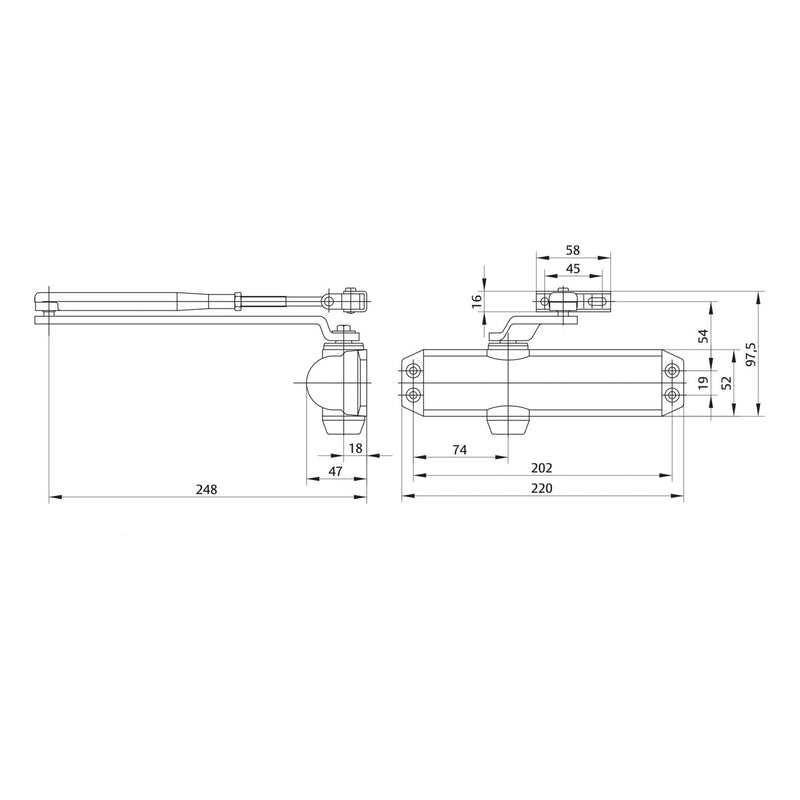 DC120 black door closer with articulated arm with 3 speed regulation valves