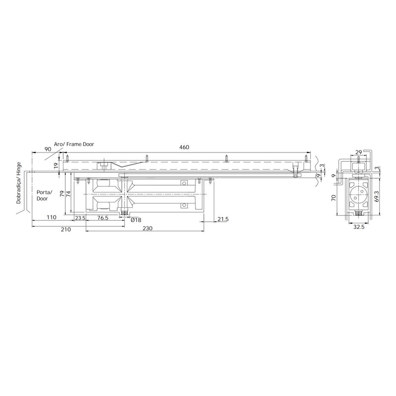 Hydraulic mortise door closer ML.21.801 for swing doors with anti-vandal arm