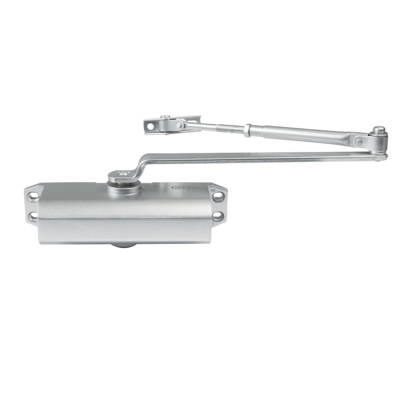 Silver automatic aluminum door closer with adjustable placement from 2 to 4