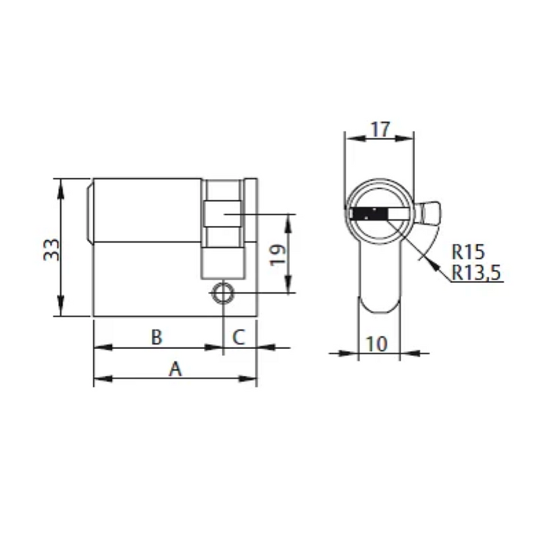 YL6 Yale security half cylinder for point key in nickel-plated finish 30x10