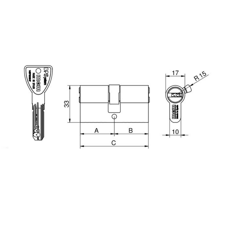 Cilindro de segurança BPS MCM 30x35 niquelado anti-colisão com chave de ponta 