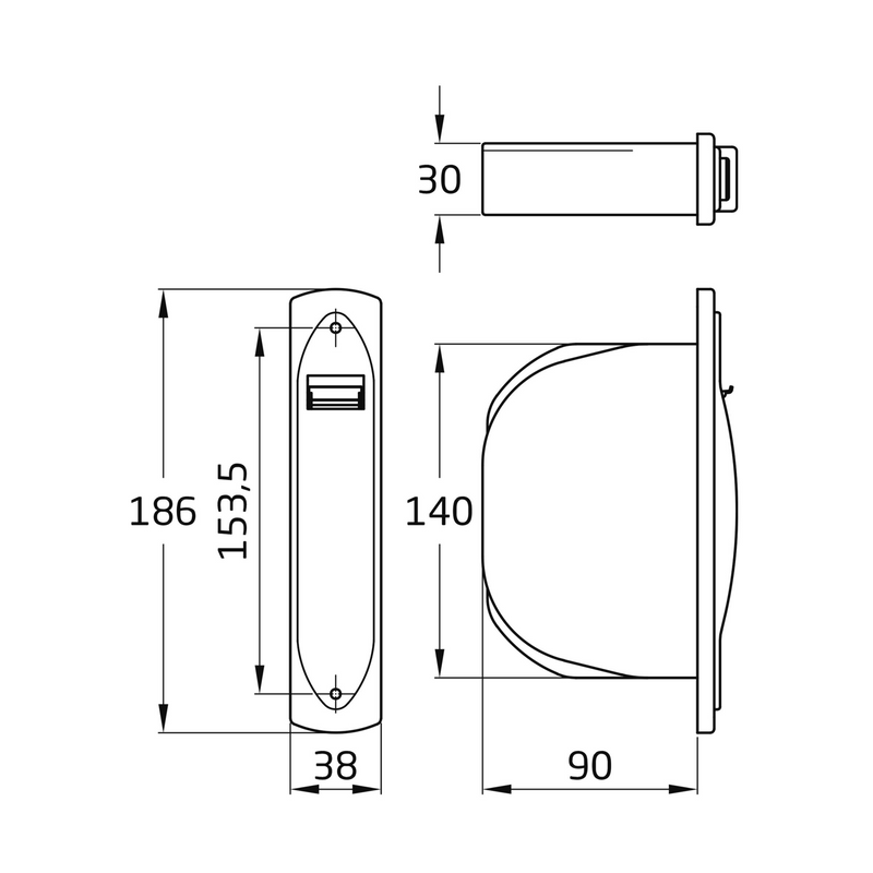 Recogedor de empotrar para persiana de frente de plástico con cinta de puntos negros y blanco de 20mm de ancho