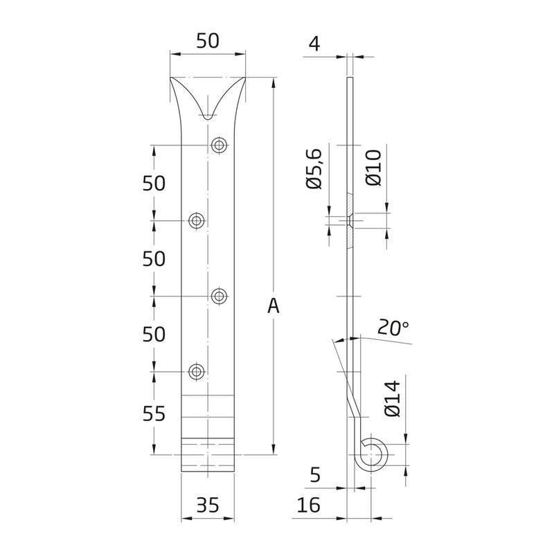 Gothic hinge with 250x35mm black chock for mounting with 14mm axis pin