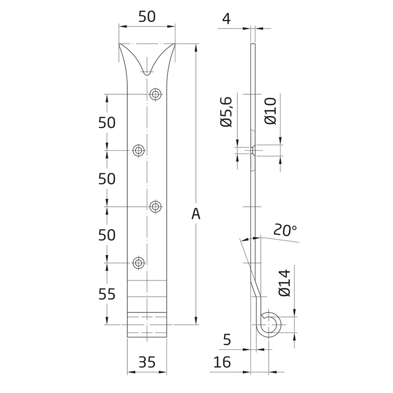 Gothic hinge with 300x35mm black chock for mounting with 14mm axis pin