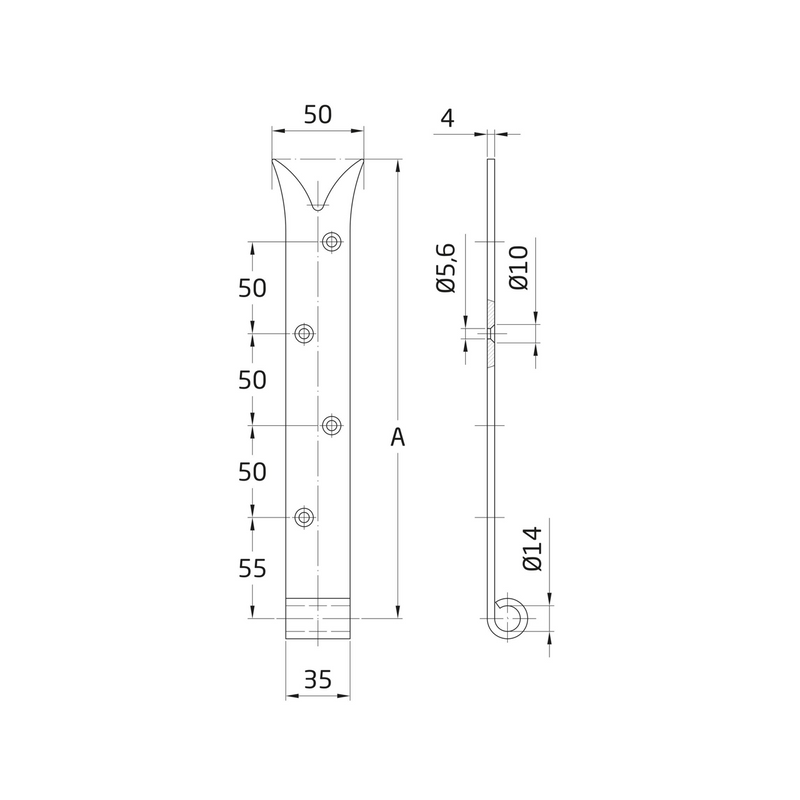 300x35mm black flat gothic hinge for mounting with 14mm axis pin