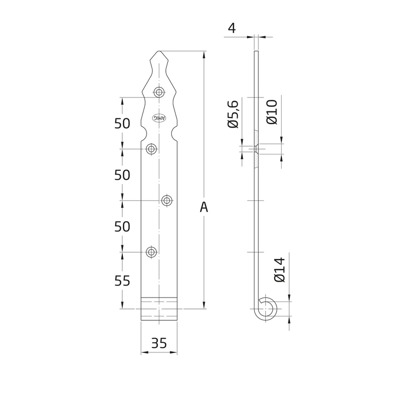 350x35mm black flat Castilian hinge for mounting with 14mm axis pin