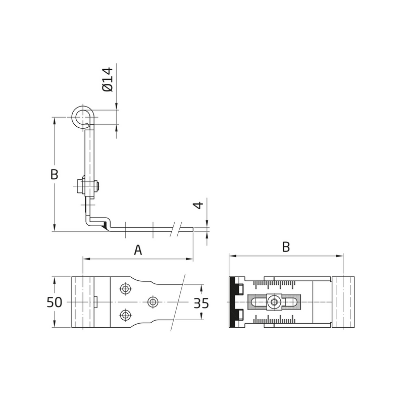 300x35mm Gothic hinge adjustable from 72 to 95mm for mounting with a 14mm diameter bolt