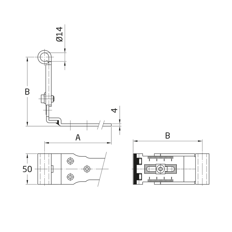 Dobradiça castelhana 300x35mm ajustável de 72 a 95mm para montagem com pino de 14mm de diâmetro