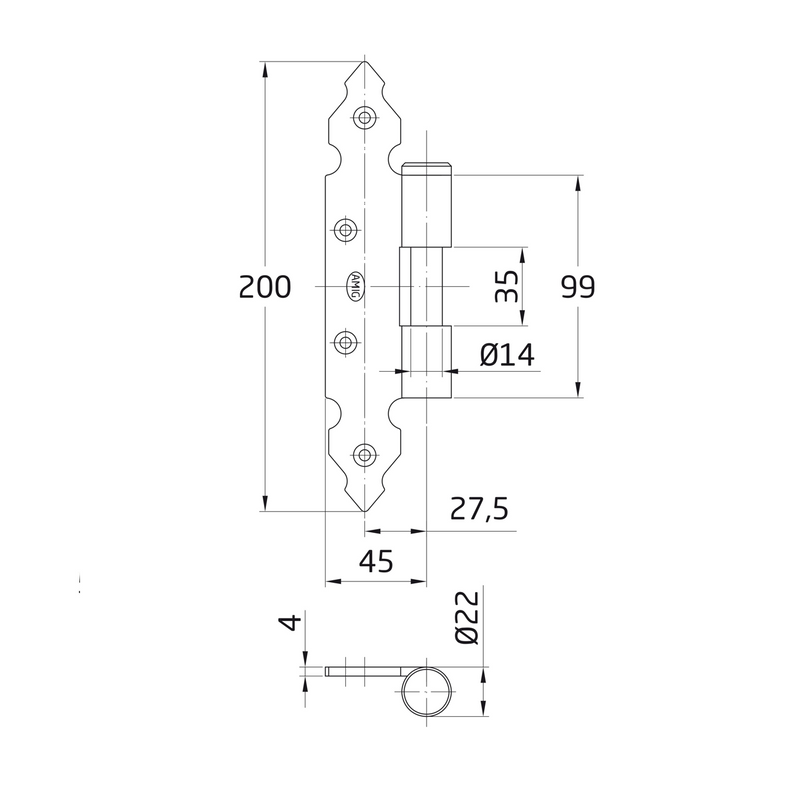 Media bisagra negra de 200x90mm para montaje con gozne de 14Ø