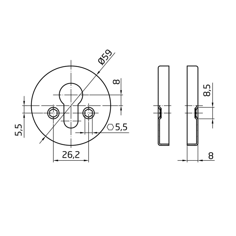 Juego de bocallaves de acero en dorado de 59mm con tornillos vistos antirrobo