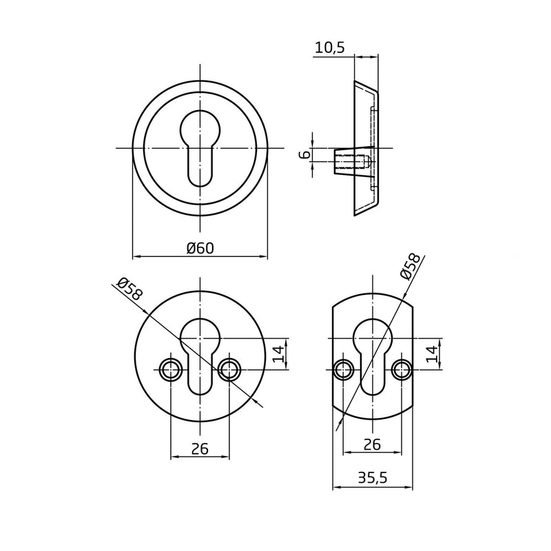 Golden security shield with open cylinder for doors thicker than 40mm