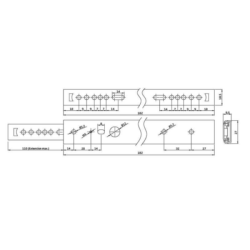 Par de guias deslizantes metálicas 470x27mm, extração parcial com rolamentos