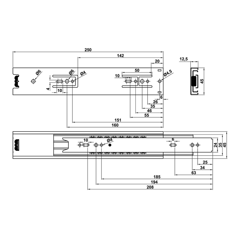 2 guias deslizantes metálicas de extração total 400x45mm com rolamentos