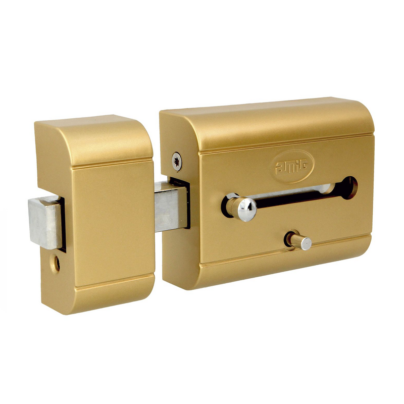 Cerrojo de máxima seguridad de sobreponer acabado oro con pestillo de apertura y embellecedor magnético para puertas