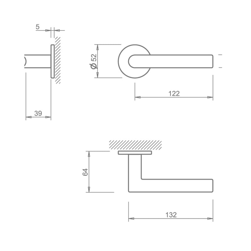 Handle with slim round rosette in titanium finish with click system