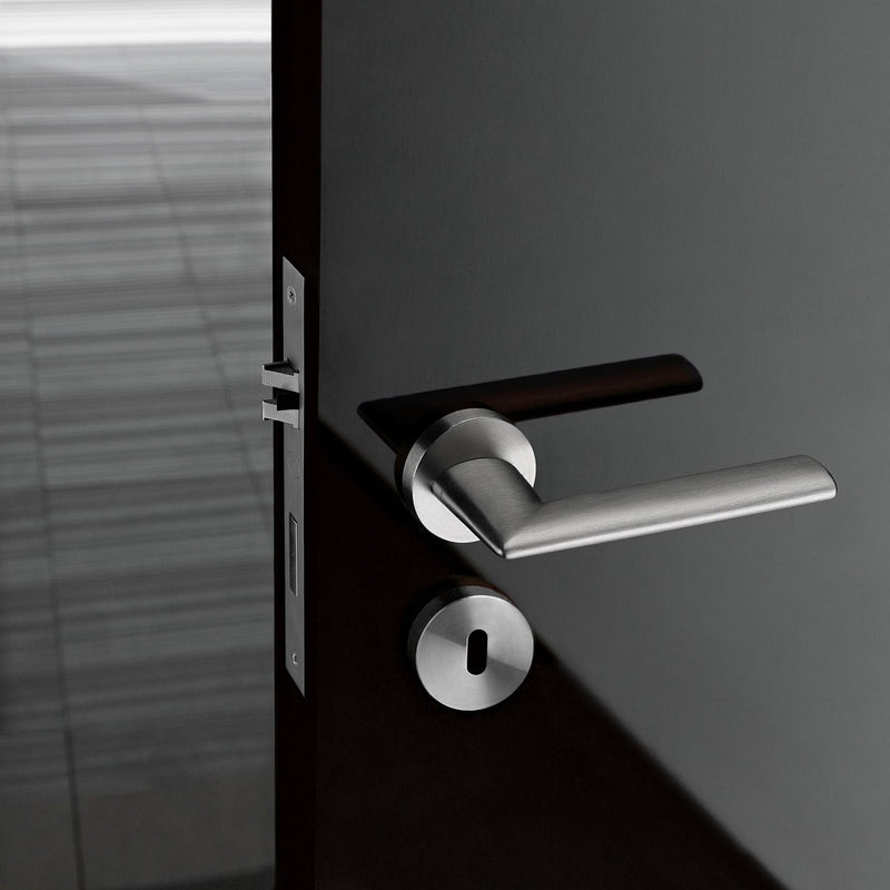 Dynamic handle with round rosette in stainless steel for doors