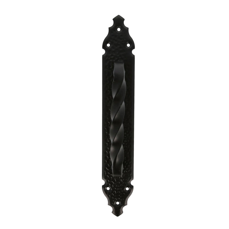 Manillón rústico de 280x45mm en negro con placa martillada para puertas