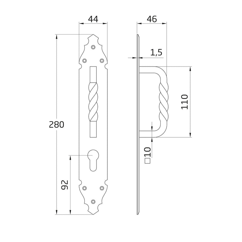 Cabo offset preto rústico 280x45mm com placa martelada e fechadura