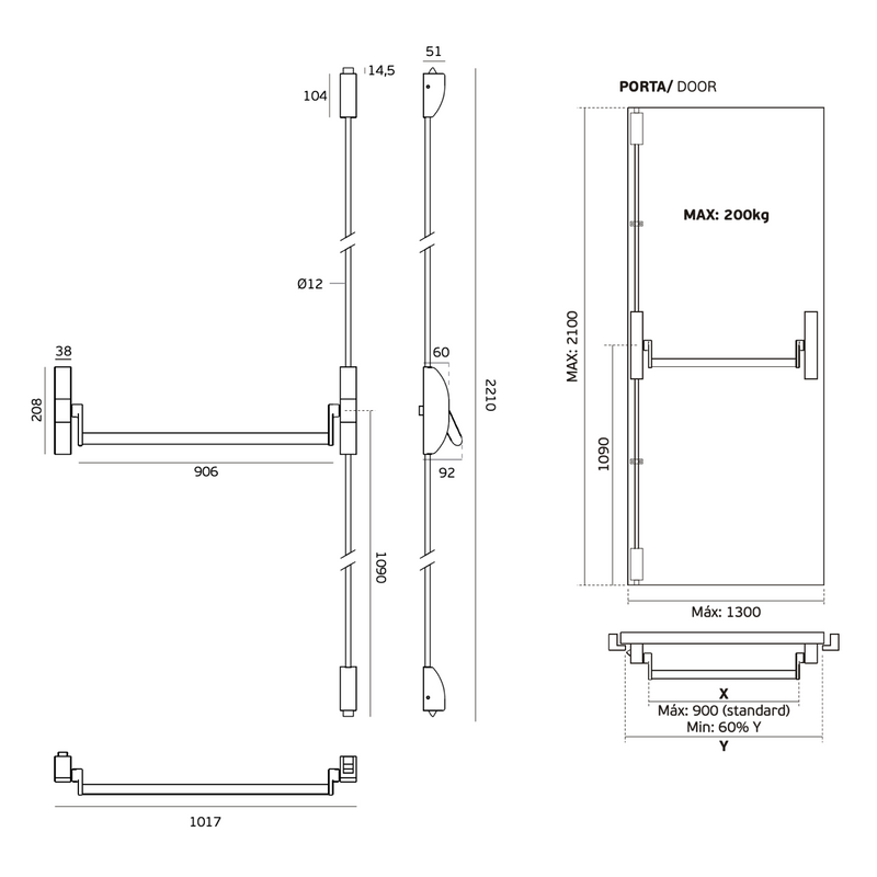 Cerradura antipánico de sobreponer JNF reversible inoxidable de dos puntos para puertas pasivas