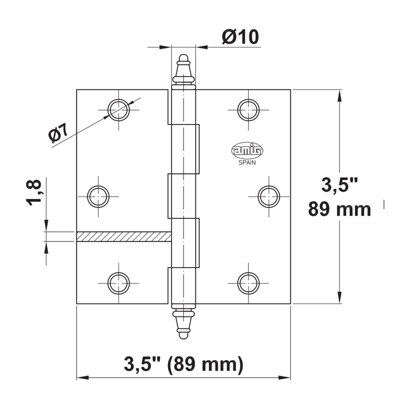 Medidas de Bisagra cuadrada de acero con remate en acabado latonado de 3,5x3,5"