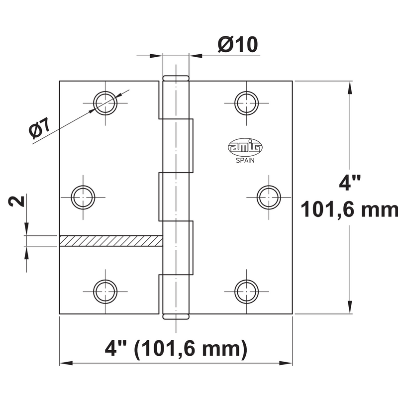 Dobradiça quadrada de aço 4x4" com acabamento em latão para portas 