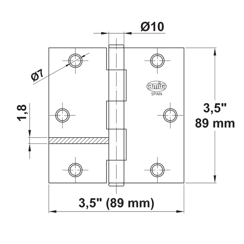 Bisagra cuadrada de acero sin remate en acabado cromado mate de 3,5x3,5"