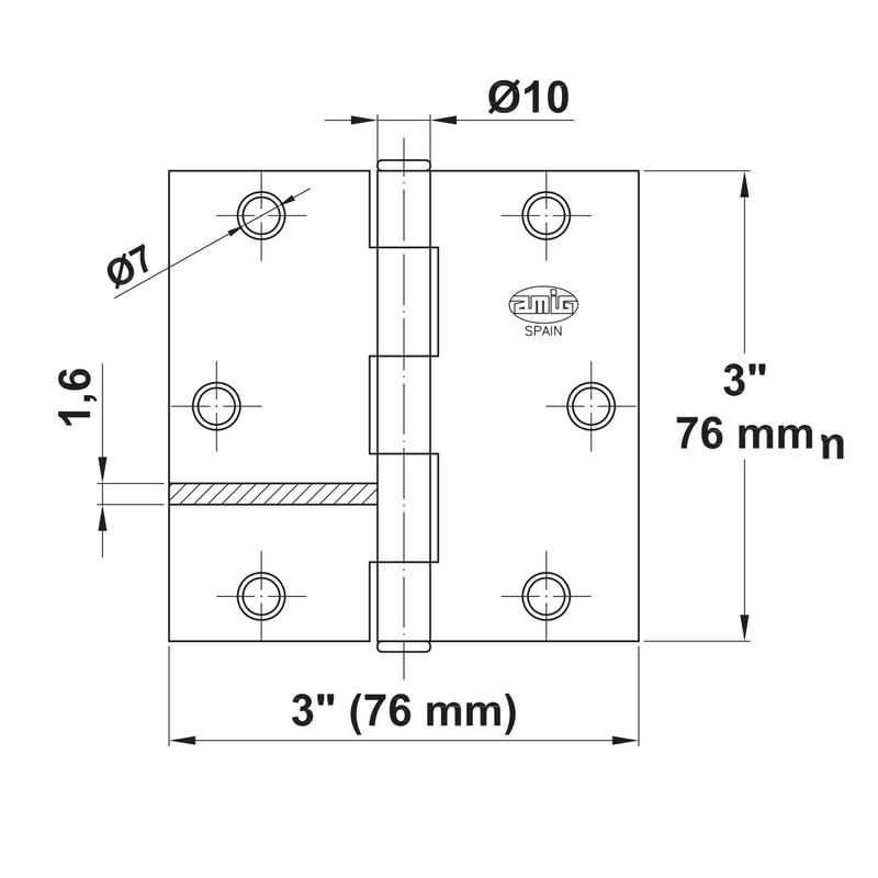 3x3" square steel hinge without finish in matte chrome finish