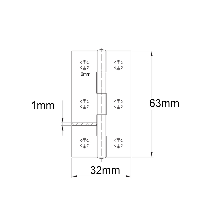 Medidas Bisagra de libro de acero latonado de calidad de 63x32 mm para armarios