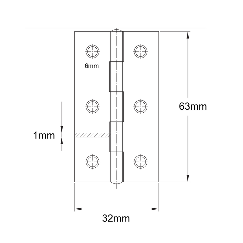 Medidas Bisagra de libro de acero zincado de calidad de 63x32 mm para armarios