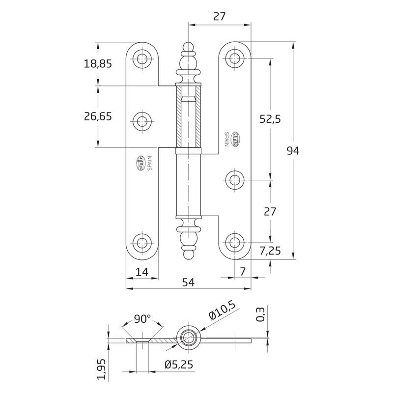 Dobradiça de porta redonda em latão com remate de 95 x 52 mm 