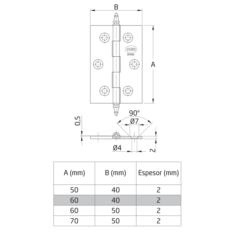 Dobradiça 60x40mm com suporte para livros com borda quadrada em acabamento couro latão para móveis