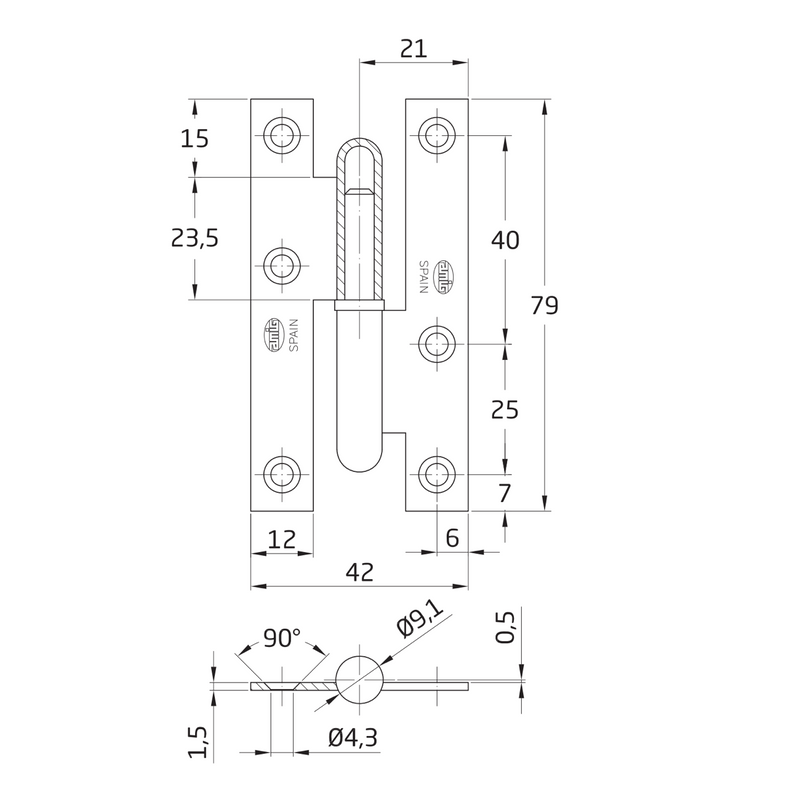 Straight edge door hinge in brass finish without finish, 79 x 42 mm 