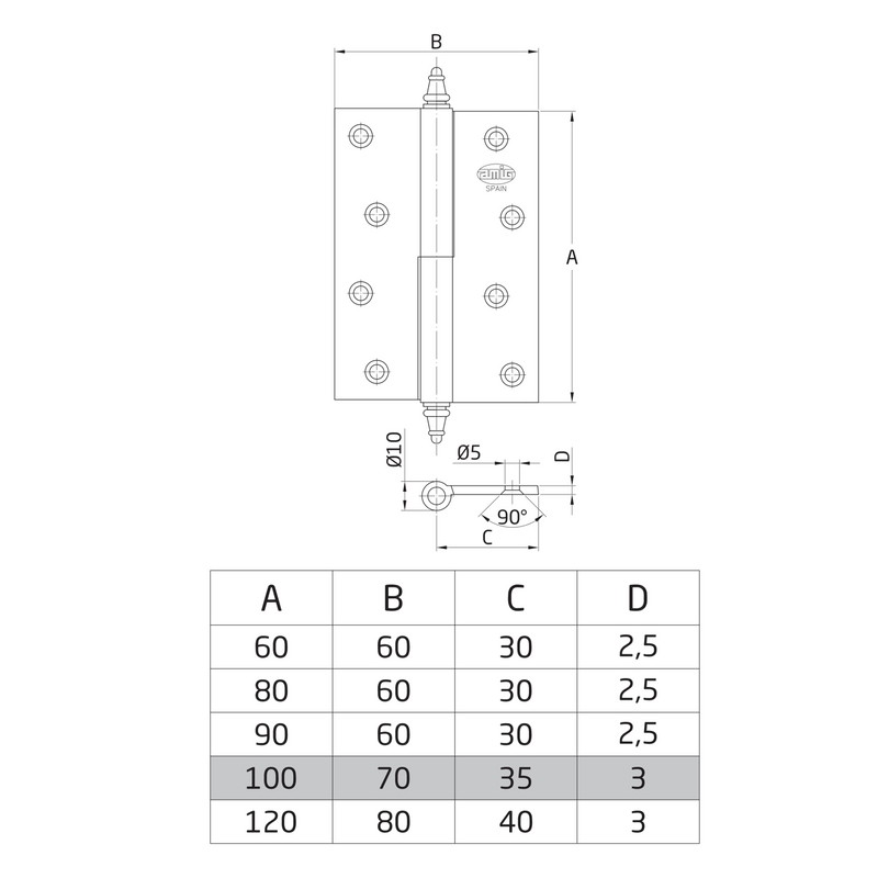 Removable matte chrome brass hinge with straight edge · Various sizes