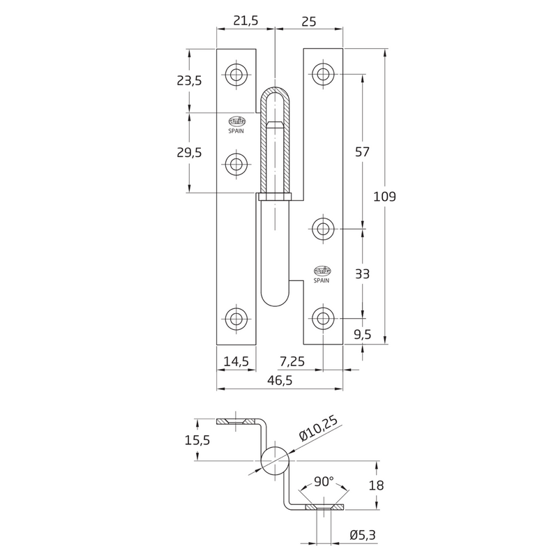 Anti-pinch square hinge with straight edge in brass finish without finish, 110 x 46.5 mm 