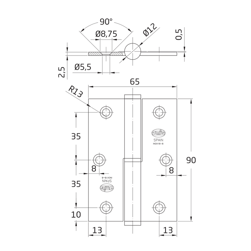 Rectangular hinge straight edge without matte chrome finish 90x65mm for doors