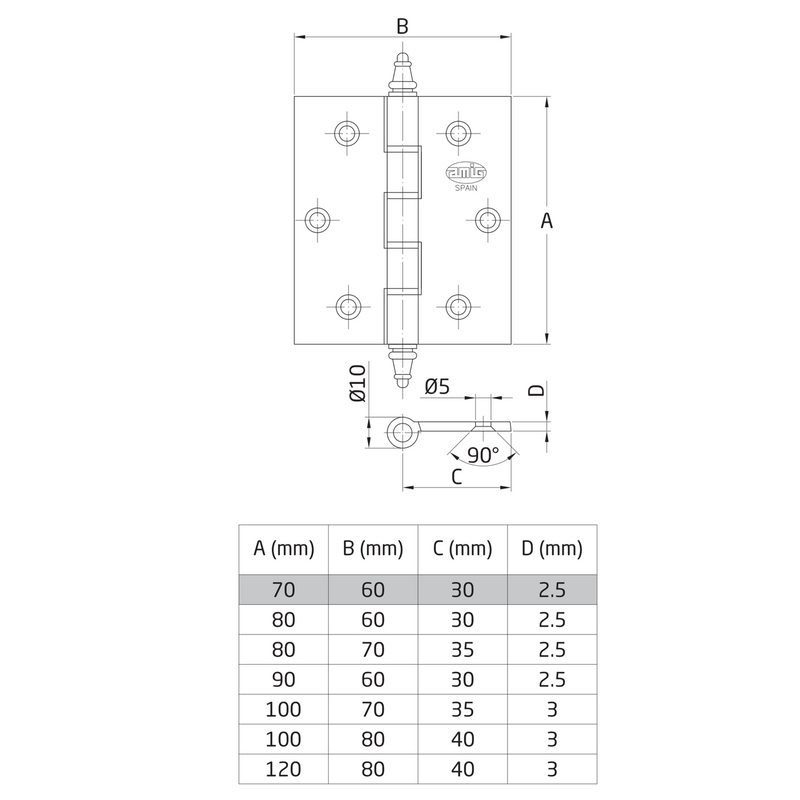 Square edge brass hinge with polished chrome finish and washers